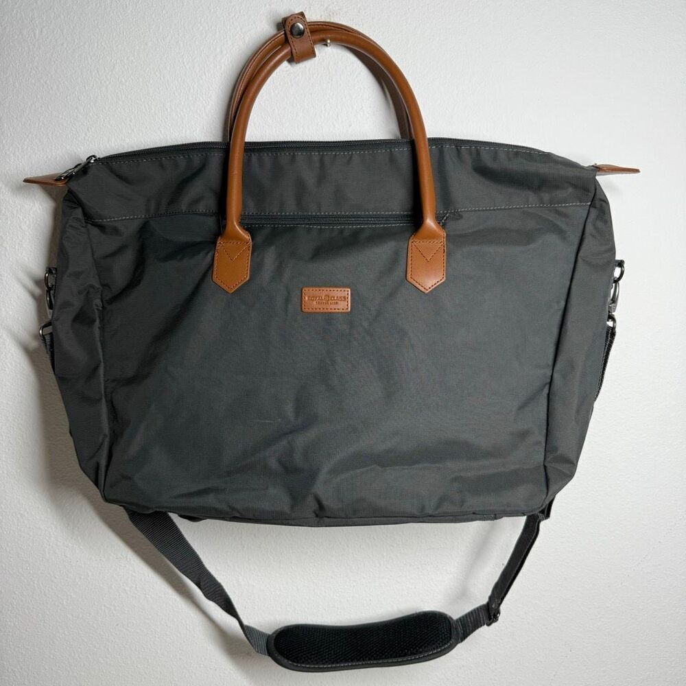 Royal Class Travel Duffel Bag Black Brown Faux Leather Handle Shoulder Strap
